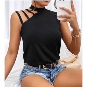 EXCLUSIVE Black Cut Out Mock Neck Sleeveless Top Women's Size M